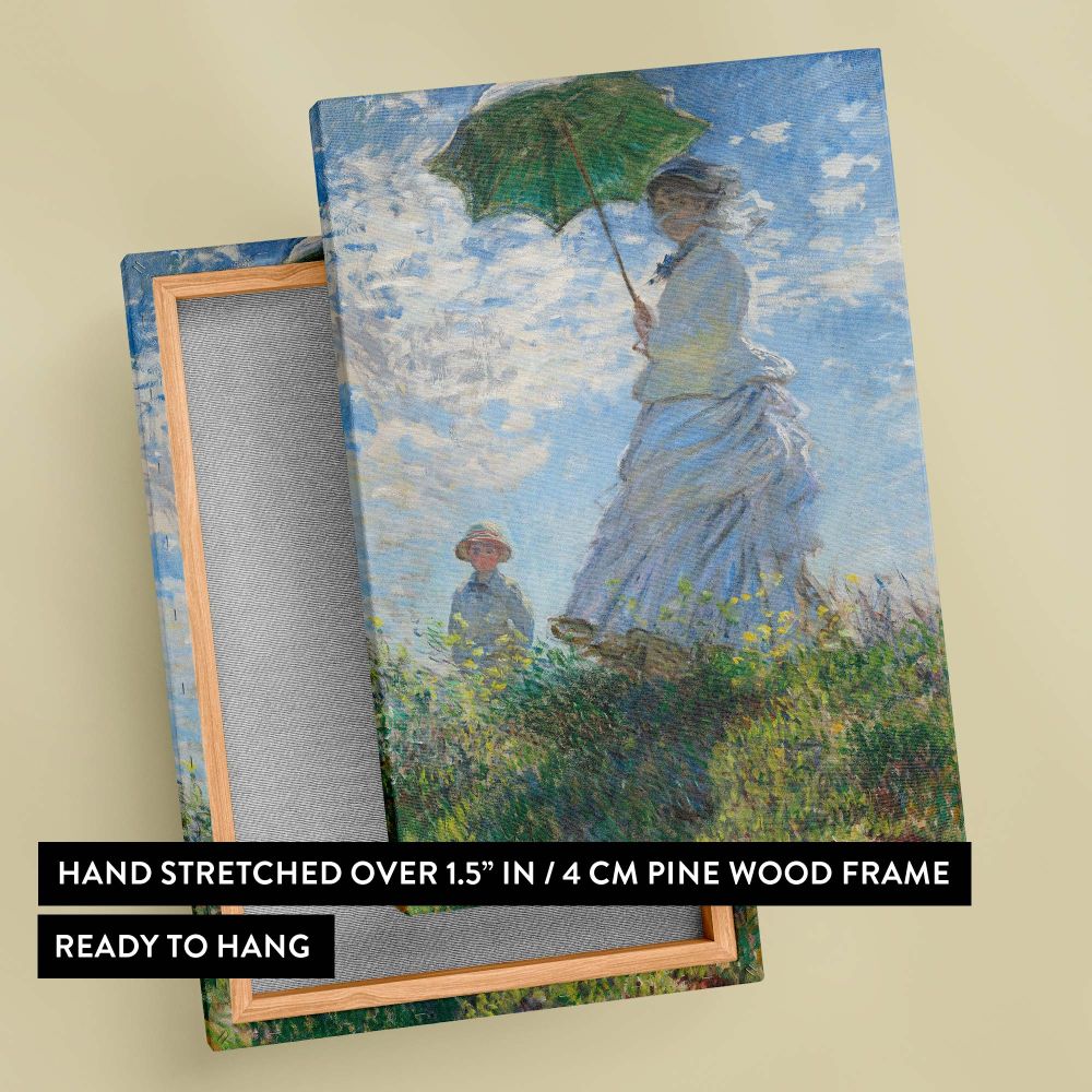 Monet's timeless artwork showing a mother with a parasol and her son standing in a lush field of wildflowers, surrounded by vivid greens and blues, with the impressionist technique beautifully rendering light and movement in the natural scene.