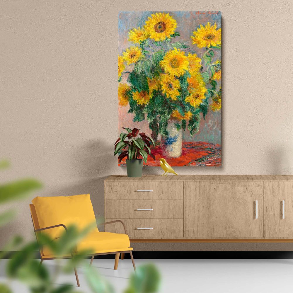 A captivating close-up of Claude Monet's Bouquet of Sunflowers, emphasizing the rich yellow hues, bold brushwork, and intricate details of the flowers in a vase, showcasing his impressionist mastery and attention to light and color.