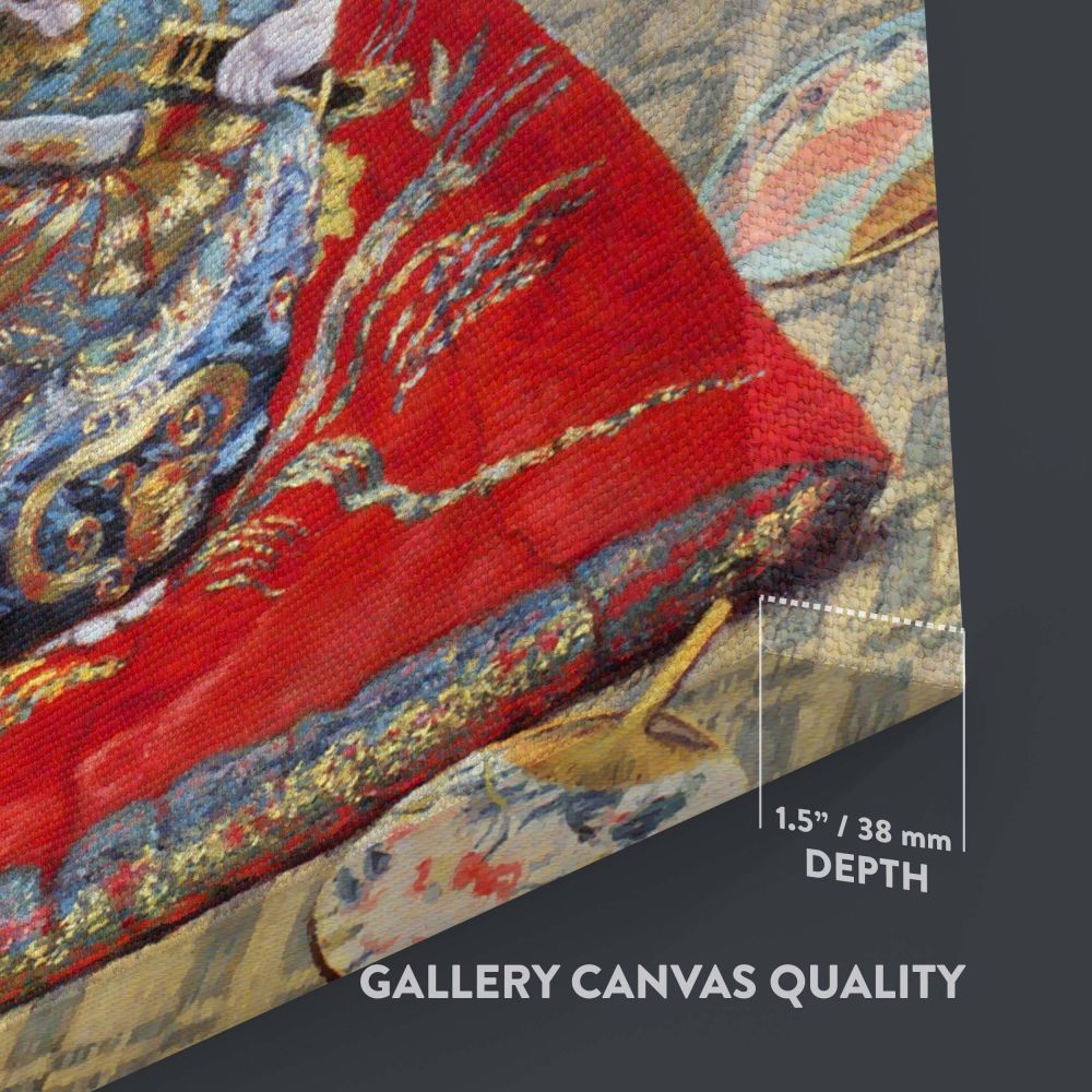 Artistic portrayal of Camille Monet by Claude Monet in a luxurious red kimono with golden embroidery, holding a delicate multicolored fan, set against a serene background adorned with Japanese fans in a harmonious arrangement from the 1876 artwork.