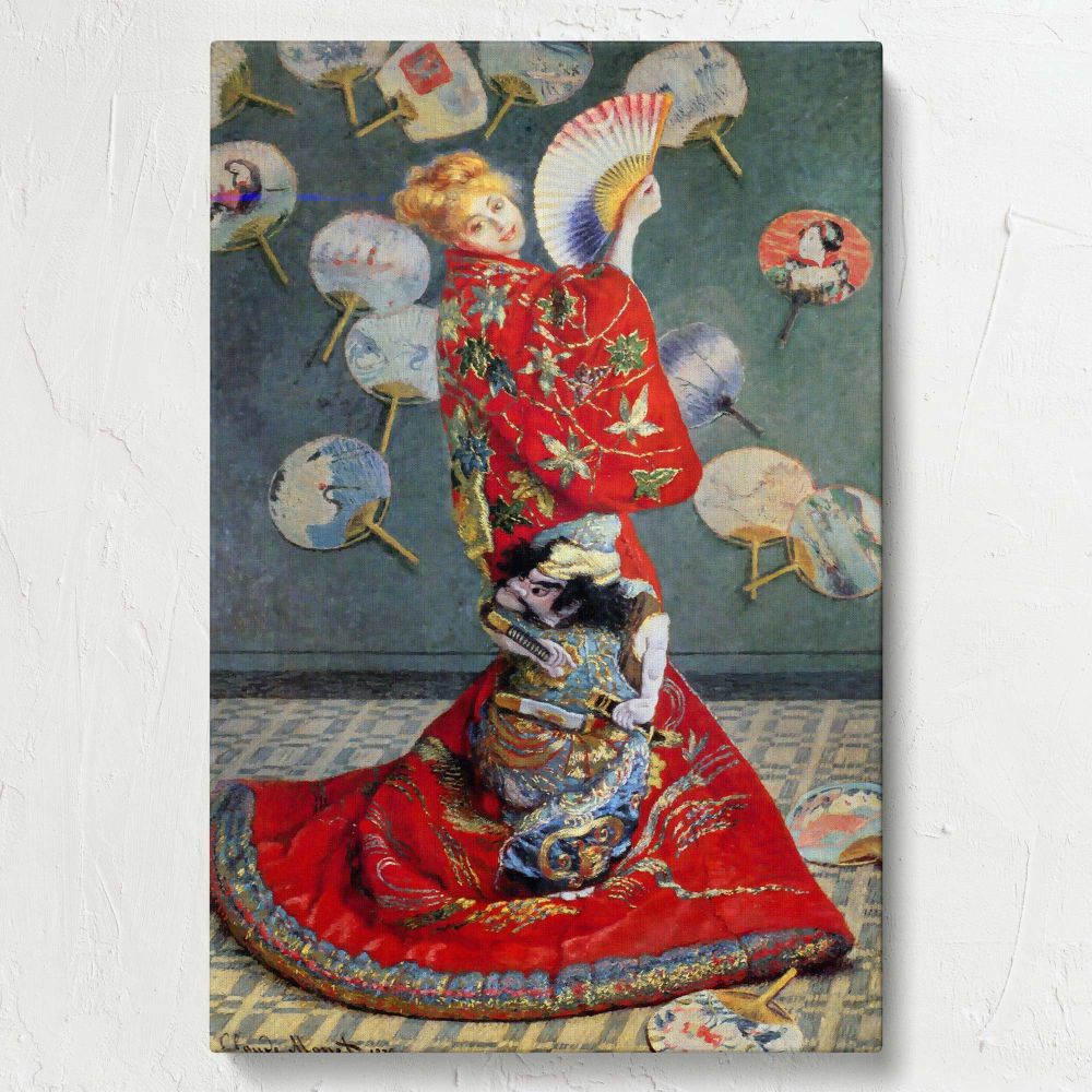Claude Monet's 1876 painting of Camille Monet captures her dressed in a richly decorated red kimono with gold patterns, holding a multicolored fan, with traditional Japanese fans hanging artistically in the background on a muted green wall.