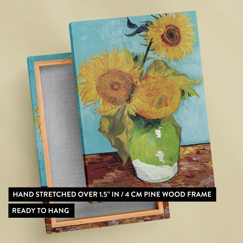 A vibrant depiction of three sunflowers by Vincent van Gogh in his 1888 painting Vase with Three Sunflowers, with bright yellow petals in a green vase, set against a soothing blue background and textured table for a post-impressionist appeal.