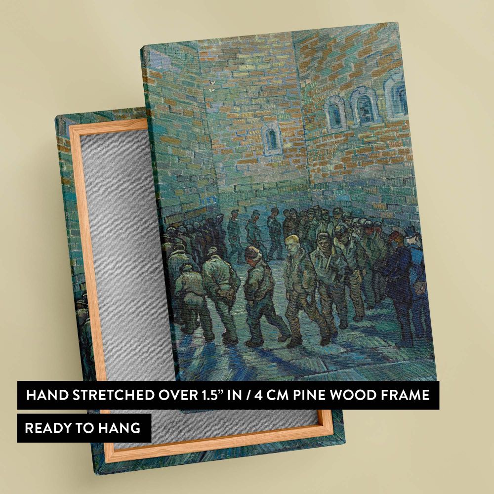 A detailed depiction of Prisoners Exercising by Vincent van Gogh, painted in 1890, showcasing faceless inmates walking in a loop within a courtyard, with textured brick walls towering around them and muted tones emphasizing a sense of bleak isolation.