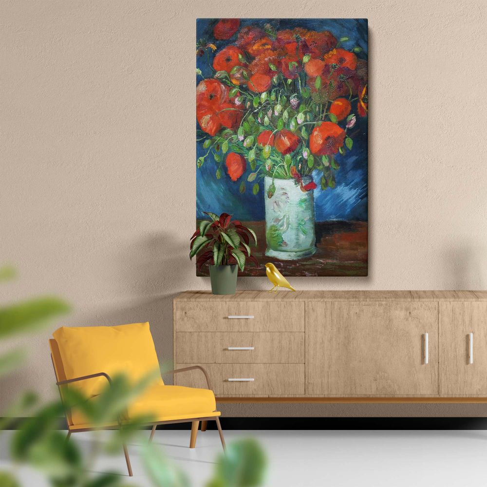 A stunning Van Gogh masterpiece, Vase with Poppies (1886) highlights fiery red poppies with vibrant green accents in a hand-painted vase, set on a wooden table with a deep blue backdrop, ideal for enhancing any interior space.