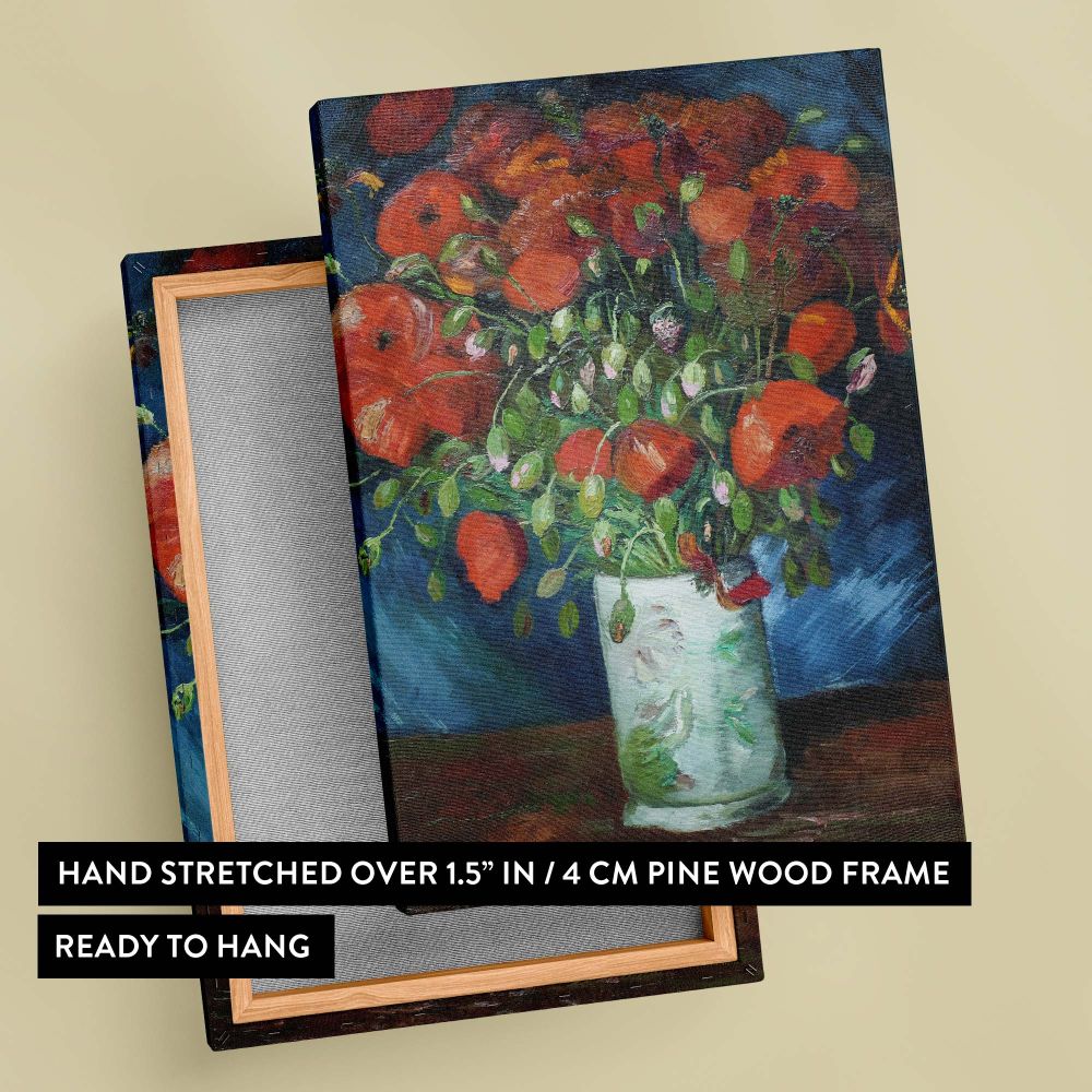 Vincent van Gogh's Vase with Poppies (1886) is a classic painting featuring bright red flowers arranged in a decorative vase, contrasted against a richly textured blue background, making it a timeless and elegant wall art piece.