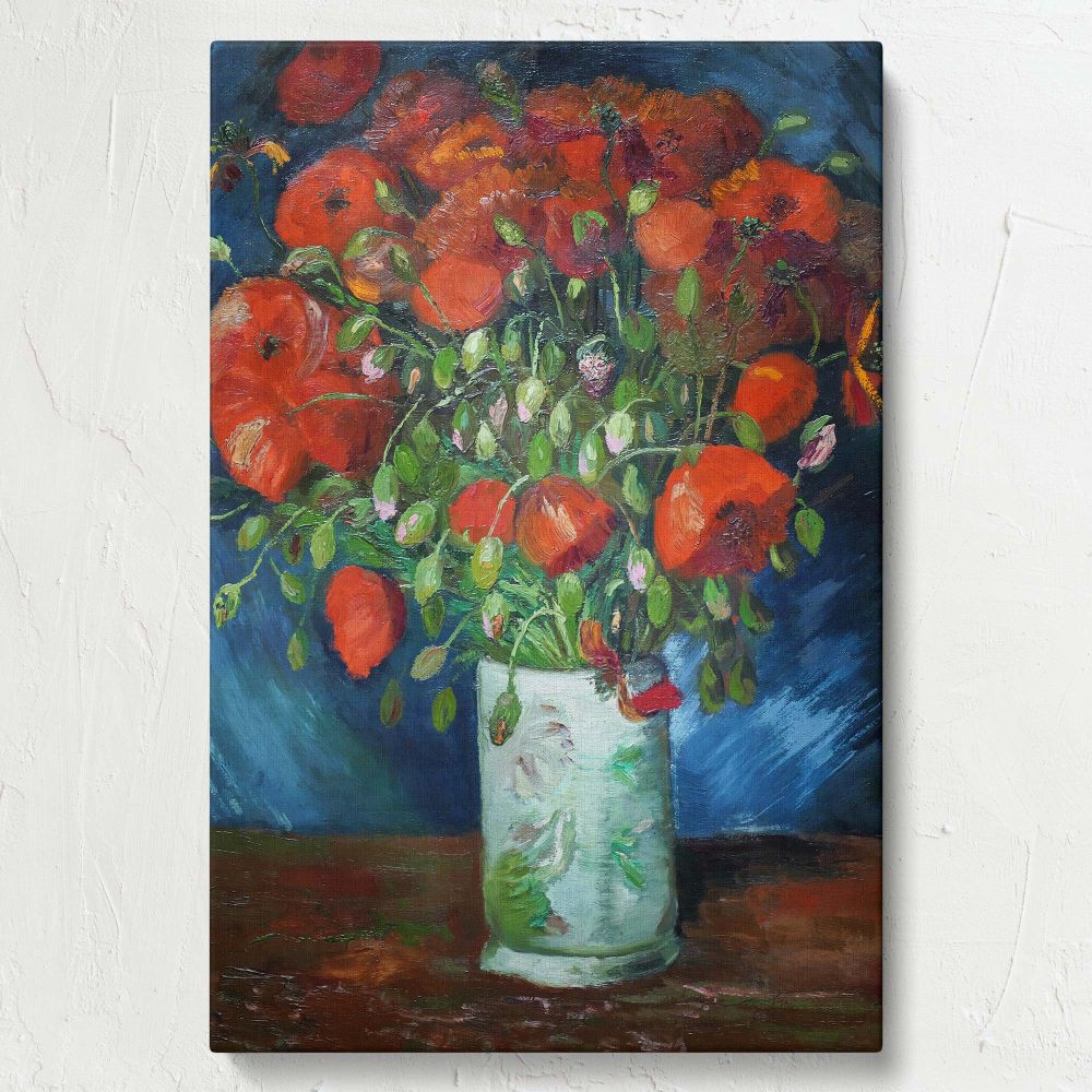 A detailed reproduction of Vase with Poppies (1886) by Van Gogh, showcasing vivid red blooms and lush green stems in a floral vase, contrasted with a bold blue background that emphasizes the painting's post-impressionist charm and vibrant palette.