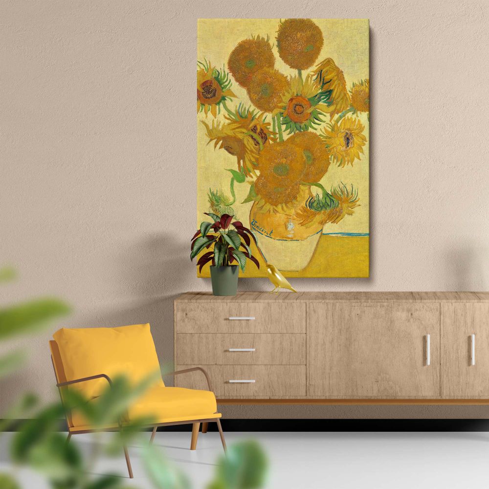 Sunflowers by Vincent van Gogh (1888) is an iconic still-life painting showcasing sunflowers in full bloom arranged in a rustic vase with vibrant yellow hues and detailed brushstrokes, perfect for adding timeless elegance and artistic warmth to any wall.