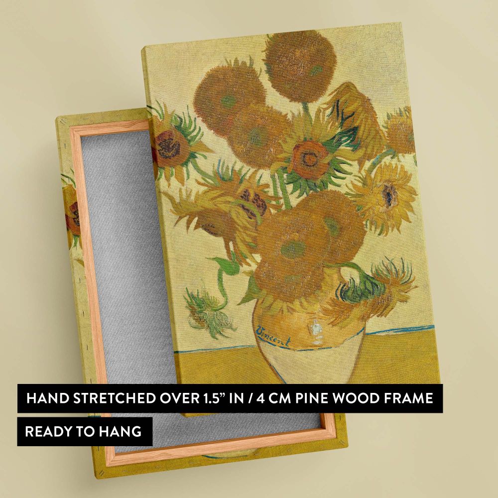 This famous Sunflowers painting by Vincent van Gogh (1888) features a rustic vase brimming with vibrant yellow sunflowers, offering a textured masterpiece ideal for adding artistic flair and a sense of serenity to any home, gallery, or office space.