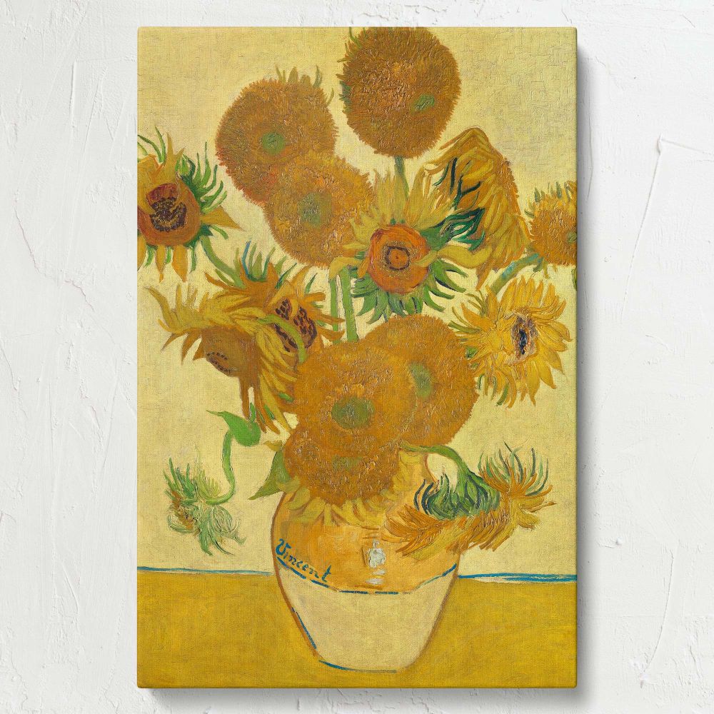 Vincent van Gogh's Sunflowers (1888) features bold yellow flowers in a vase set on a warm-toned background, showcasing the artist's post-impressionist style and vibrant textures, ideal for uplifting any room's ambiance with artistic elegance.