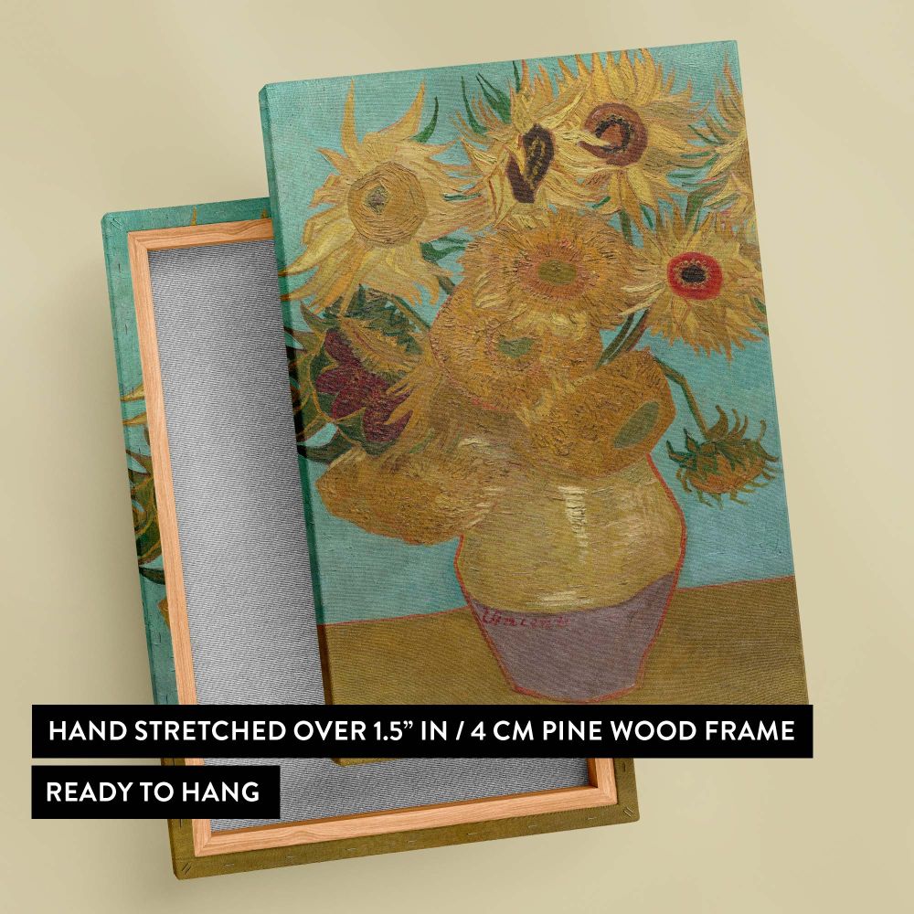 Vase with Twelve Sunflowers by Vincent van Gogh, a post-impressionist classic from 1888-1889, features a rustic vase brimming with vibrant yellow sunflowers on an aqua background, adding natural charm and artistic sophistication to any room.