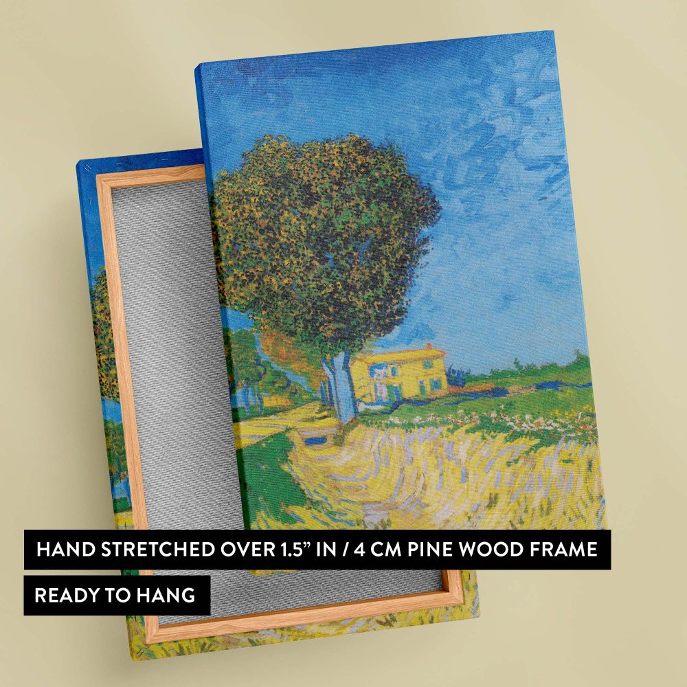 Avenue at Arles with houses by Vincent van Gogh, painted in 1888, features vivid yellow fields, green trees, and a rustic yellow home under a bright blue sky, capturing the simplicity and beauty of rural life with his distinctive artistic style.