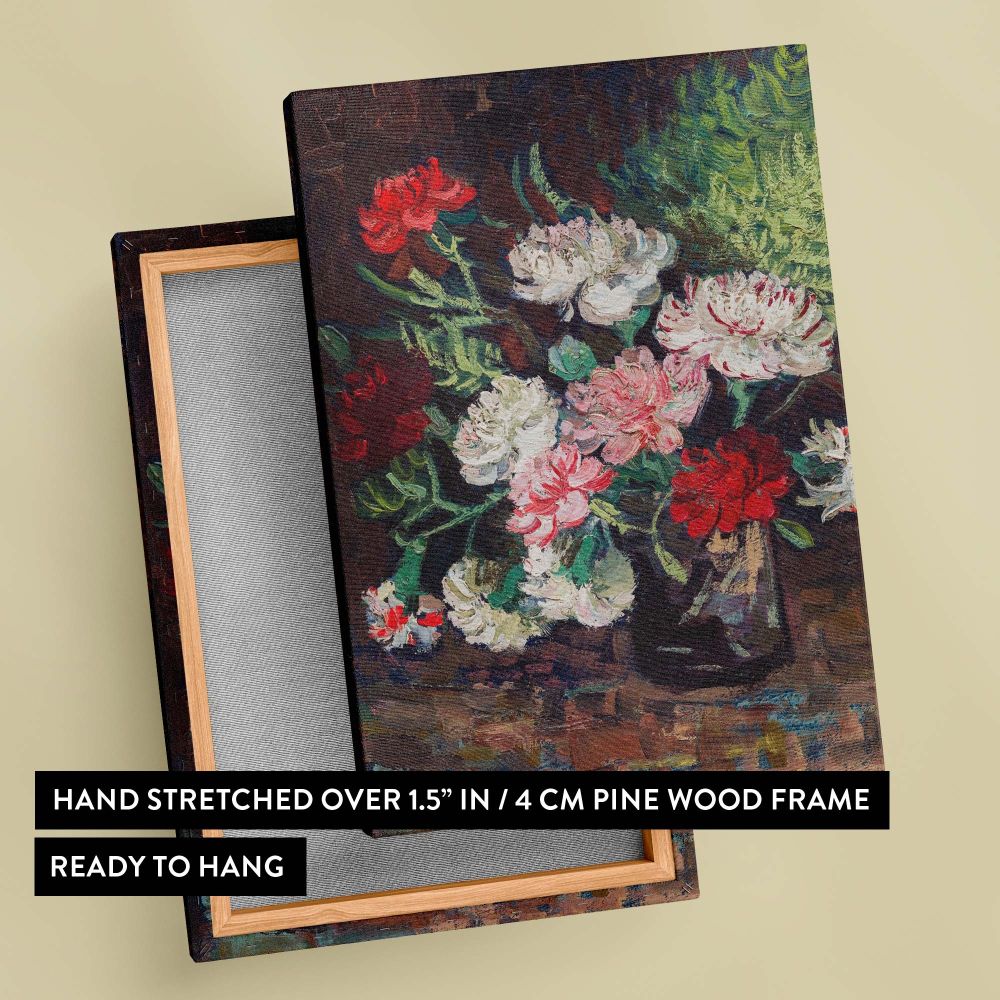 Vase with Carnations painting by Vincent van Gogh (1886) showcasing an exquisite display of carnations in red, pink, and white, arranged in a vase with lush green leaves, against a textured background that accentuates the vivid floral details.