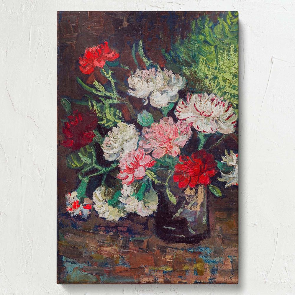 The stunning 1886 Vase with Carnations painting by Vincent van Gogh highlighting a bouquet of red, pink, and white carnations in a glass vase, with dynamic brushstrokes, green foliage, and a textured dark background evoking timeless beauty.