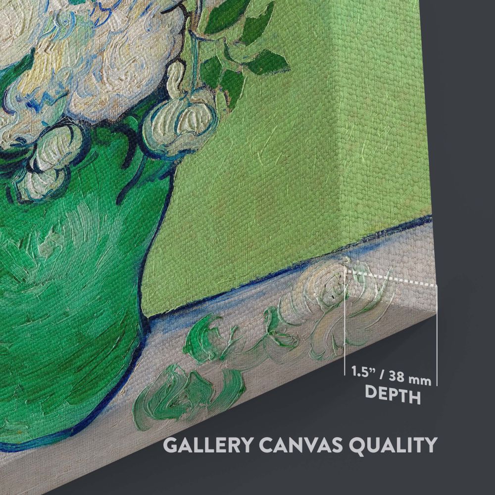 Van Gogh's 1890 painting Roses displays a beautiful bouquet of white roses in a green vase with intricate textures and a soft green backdrop, showcasing the impressionist technique that makes this artwork a timeless masterpiece.