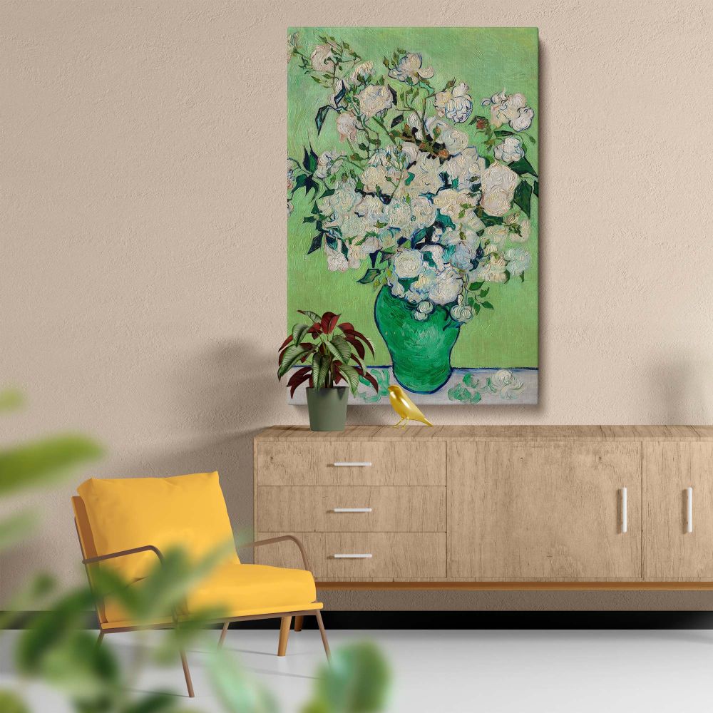 A Vincent van Gogh masterpiece, Roses from 1890, showing white roses in a green vase with intricate brushstrokes and a serene pastel background, embodying the simplicity and elegance of nature's beauty in impressionist art.