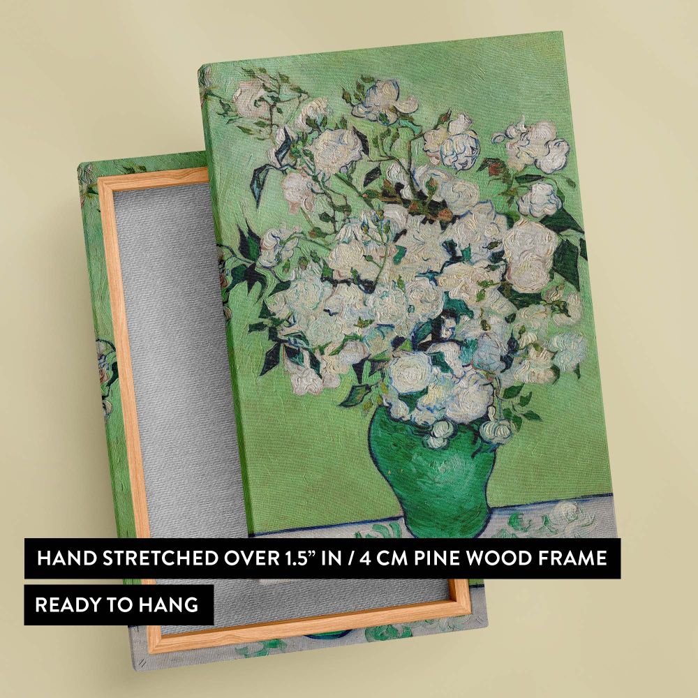 White roses painted by Vincent van Gogh in his 1890 artwork Roses, set in a vivid green vase against a soft green background, a timeless depiction of beauty and tranquility crafted with iconic impressionist brushwork and attention to detail.