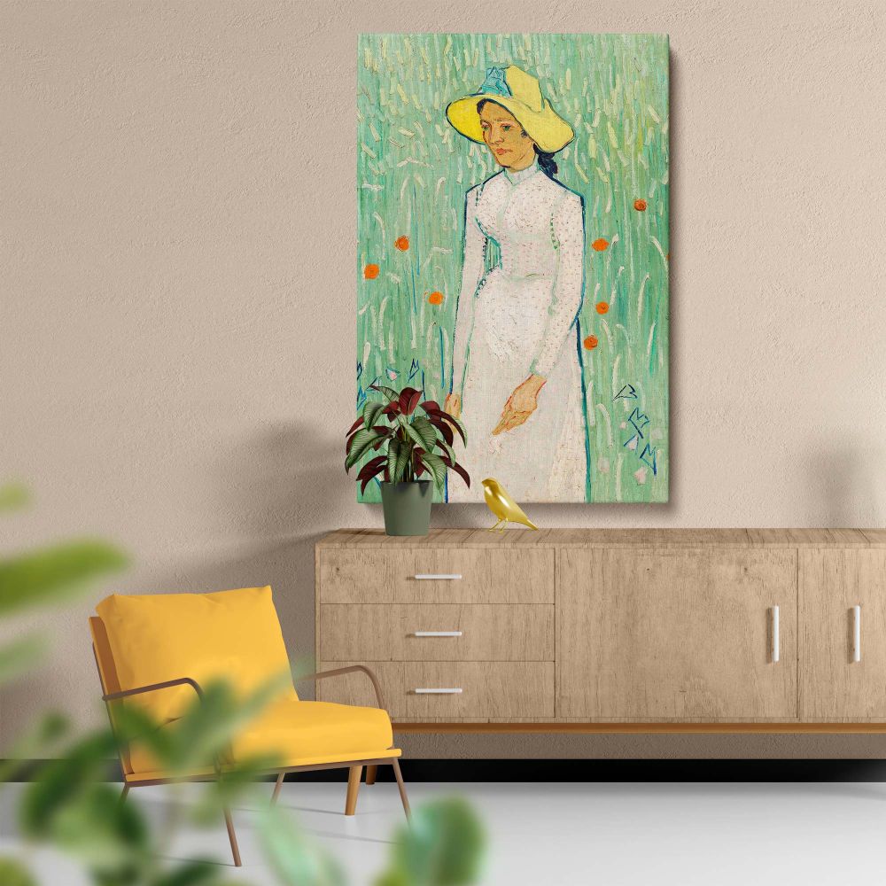 Girl in White by Vincent van Gogh (1890), a post-impressionist masterpiece showcasing a serene woman in a white dress amidst a vibrant green field, capturing the artist's deep emotion and delicate use of color and texture.