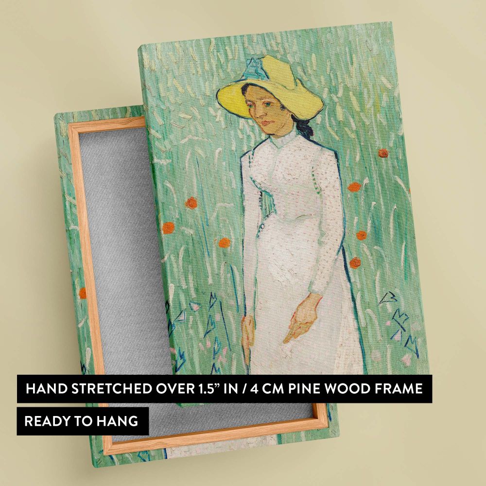 Vincent van Gogh's Girl in White (1890), a serene depiction of a woman in a white dress with a textured green background, interspersed with floral accents, illustrating the artist's mastery of post-impressionist techniques and emotional storytelling.