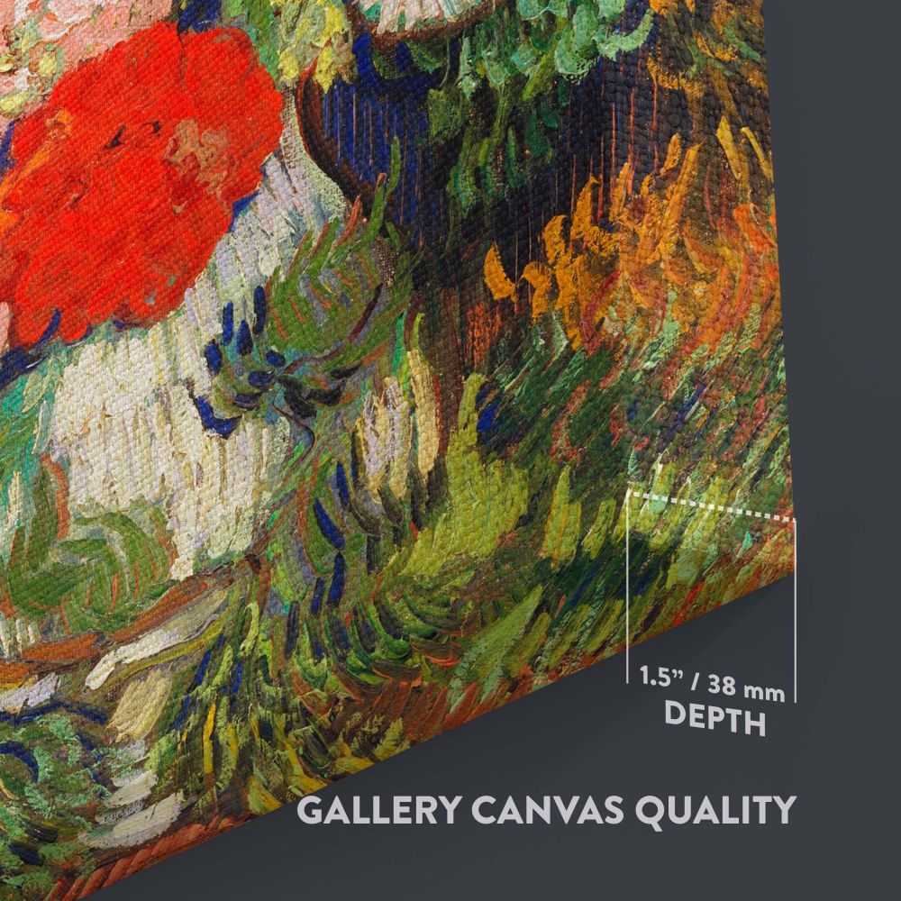 Vincent van Gogh's 1890 masterpiece Bouquet of Flowers in a Vase depicts a vivid floral arrangement with bold colors and textures, featuring white, yellow, and red blooms in a vase set against a deep blue background, embodying post-impressionist artistry.