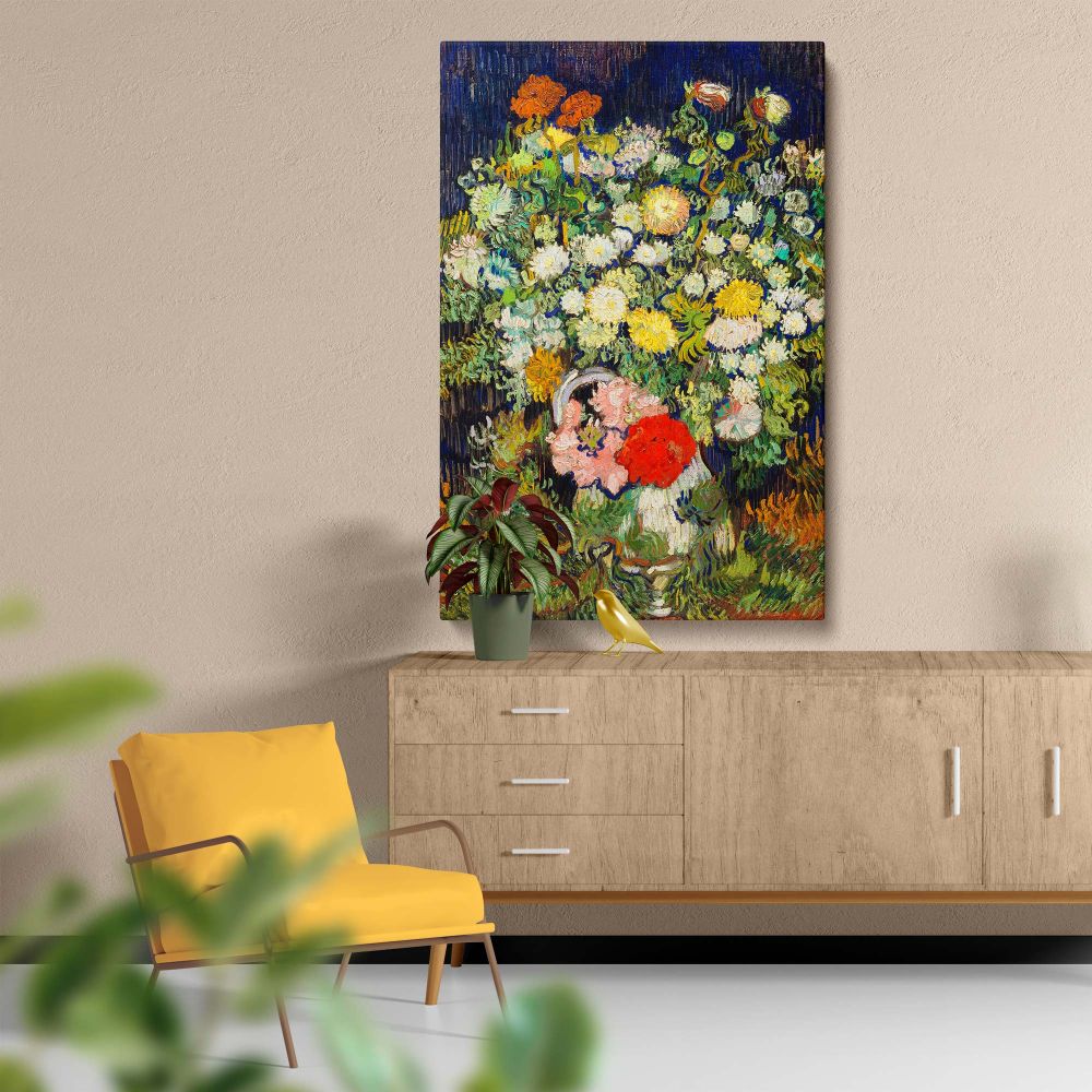 Vincent van Gogh's renowned Bouquet of Flowers in a Vase 1890, featuring a strikingly colorful array of flowers, captures the essence of post-impressionism with its bold textures, vibrant colors, and the dramatic contrast of a rich blue background.