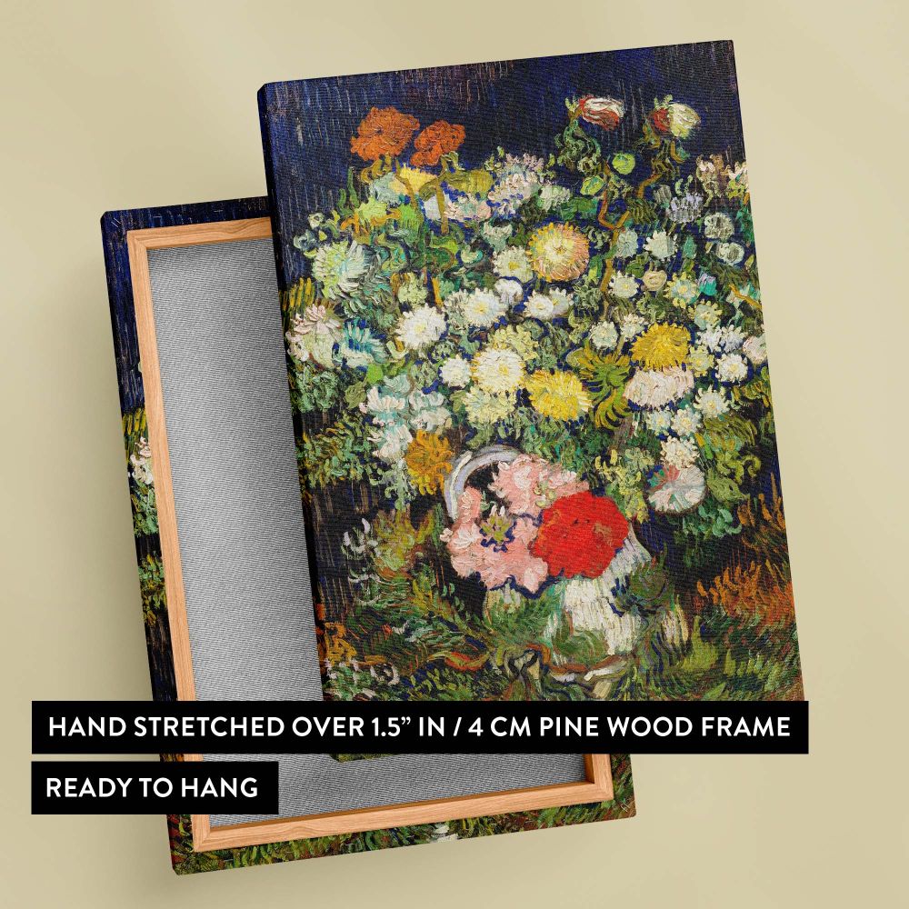A brilliant example of post-impressionist art, Vincent van Gogh's Bouquet of Flowers in a Vase 1890 presents an energetic floral display with vivid colors and dynamic brushstrokes, enhanced by a deep blue background and textured details.