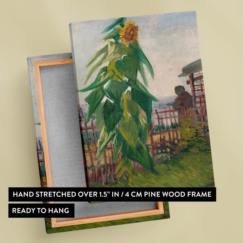 Allotment with Sunflower by Van Gogh from 1887 captures the rustic charm of a garden with a tall golden sunflower, lush greenery, and wooden fencing, painted in the artist's signature expressive and colorful style.