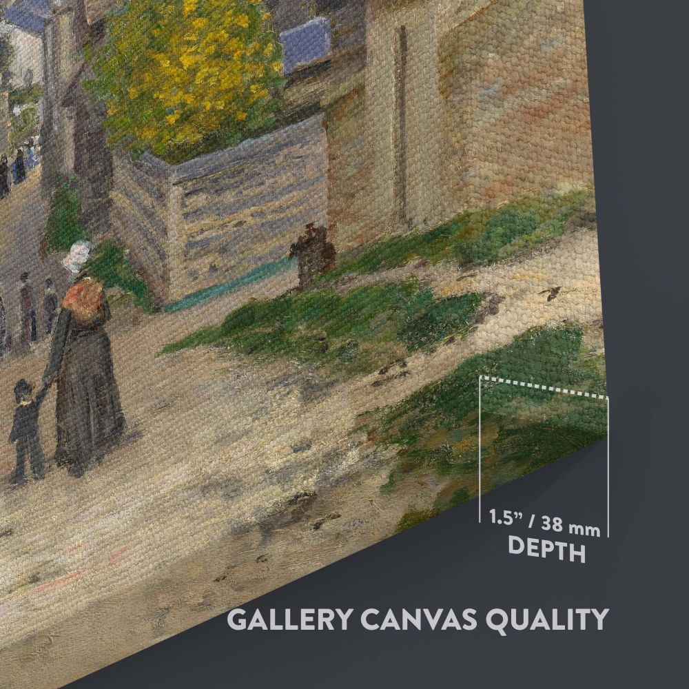 Claude Monet's 1867 painting Street in Sainte-Adresse showcases an idyllic French village with autumnal trees, a picturesque church steeple, and a cobblestone street, masterfully illustrating light, texture, and the calm of the countryside.