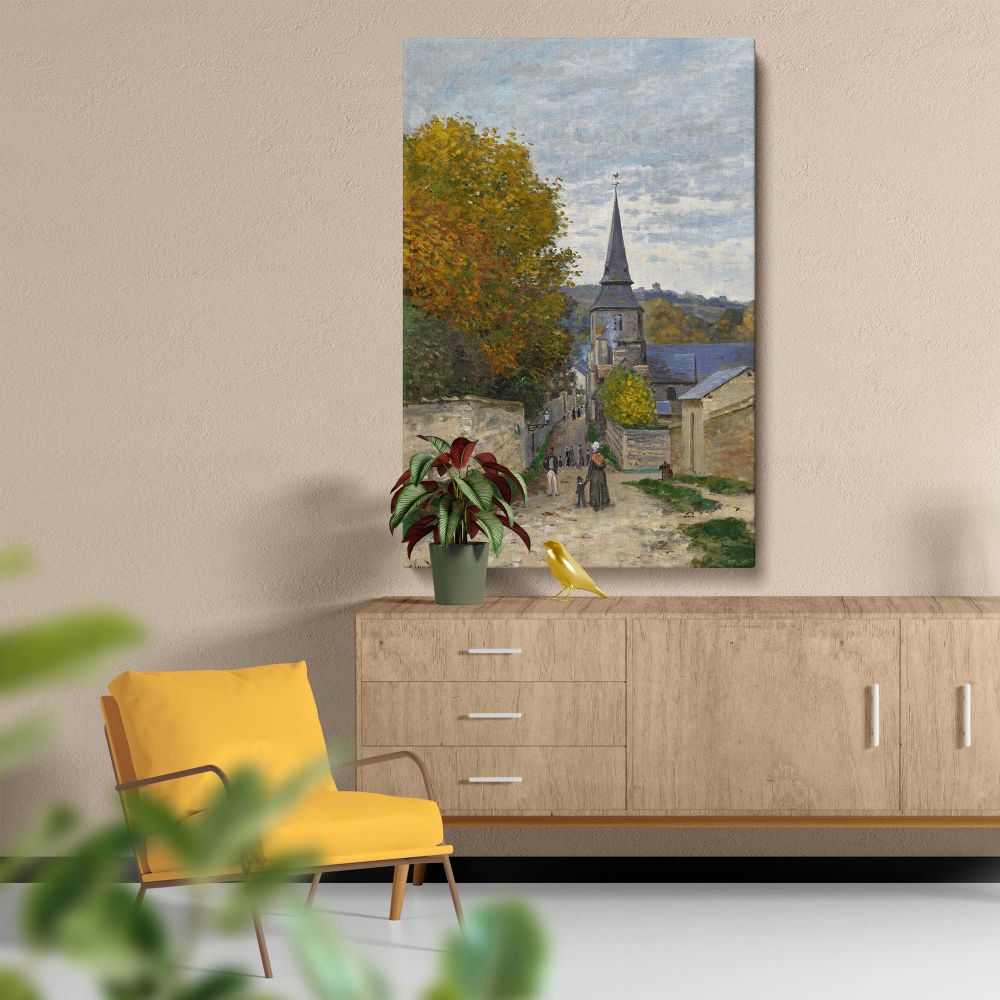 Monet's Street in Sainte-Adresse (1867) captures a tranquil countryside scene with a church spire, rustic buildings, golden leaves, and villagers walking on a stone path, evoking peace and beauty in a historic French village.