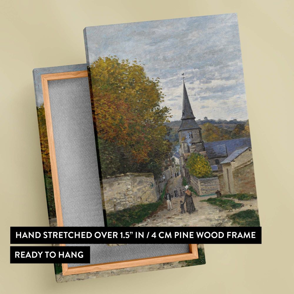 This classic painting by Claude Monet, Street in Sainte-Adresse, presents a charming French village surrounded by lush autumn foliage, a majestic church steeple, and rustic walls, showcasing Monet's mastery of light and texture.