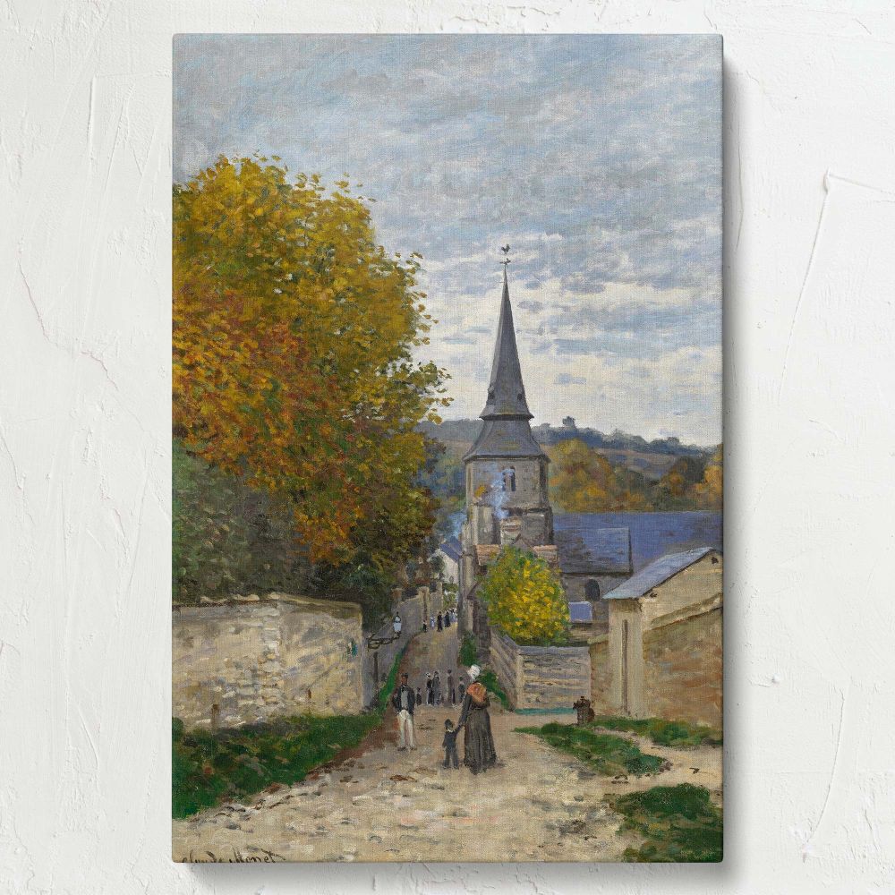 Street in Sainte-Adresse by Claude Monet illustrates a quiet countryside street in France, with a striking church spire, autumn trees, rustic stone walls, and strolling villagers, beautifully capturing a peaceful rural atmosphere.