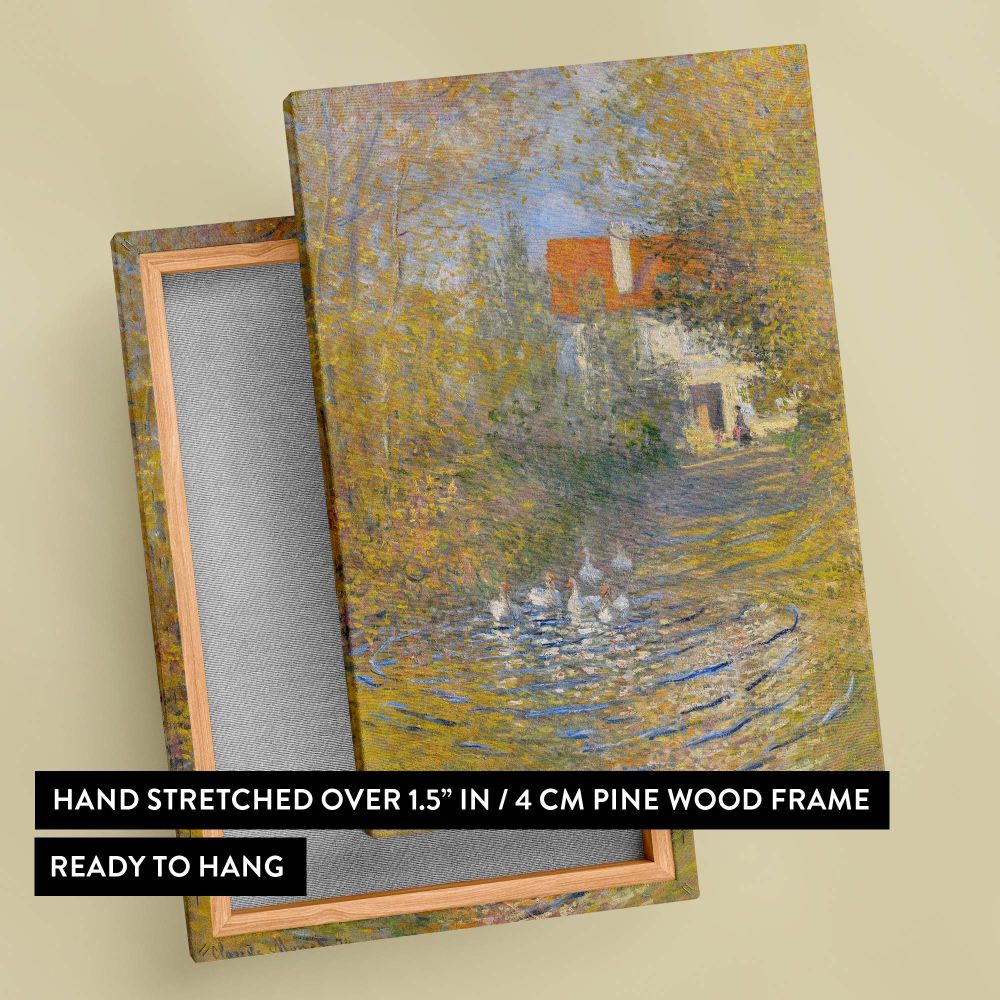 Famous artwork The Geese by Claude Monet highlights golden autumn trees, soft sunlight reflecting off a rippling stream, and geese gliding effortlessly, set before a picturesque red-roofed house, capturing nature's beauty in an impressionist style.