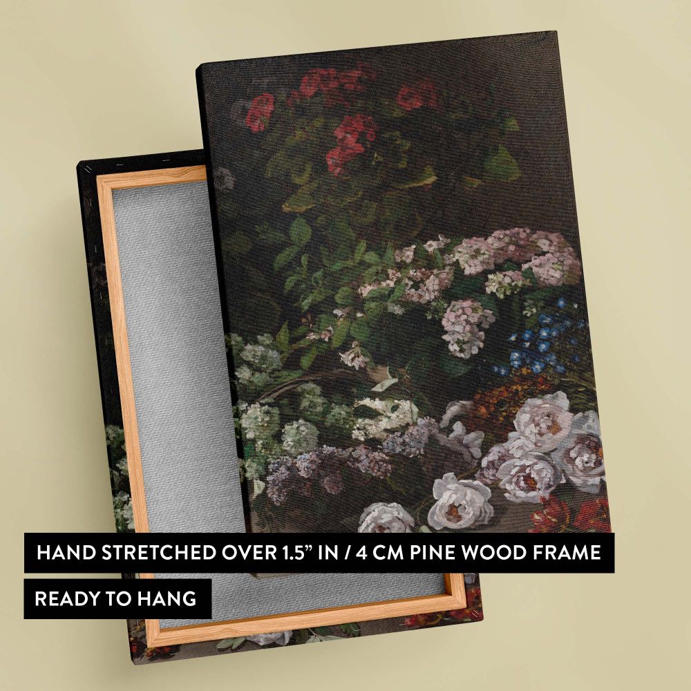 Spring Flowers by Claude Monet, painted in 1864, features exquisite details of blooming roses, hydrangeas, and lush greenery, arranged in a timeless composition that radiates beauty and elegance on a stunning wall art canvas for classic decor.
