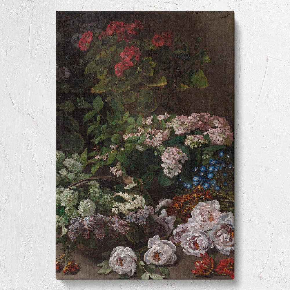 A detailed Claude Monet painting from 1864, Spring Flowers, with vibrant pink, red, and white blooms alongside lush green foliage, beautifully arranged in baskets and vases, making this high-quality canvas a statement piece for any art collection.