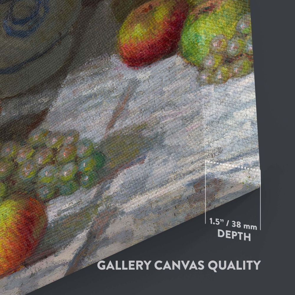 Monet's 1869 painting Still Life with Flowers and Fruit displays colorful flowers paired with ripe fruits on a table, skillfully capturing texture and light, reproduced as a premium canvas ideal for elegant home decor or classic art collections.