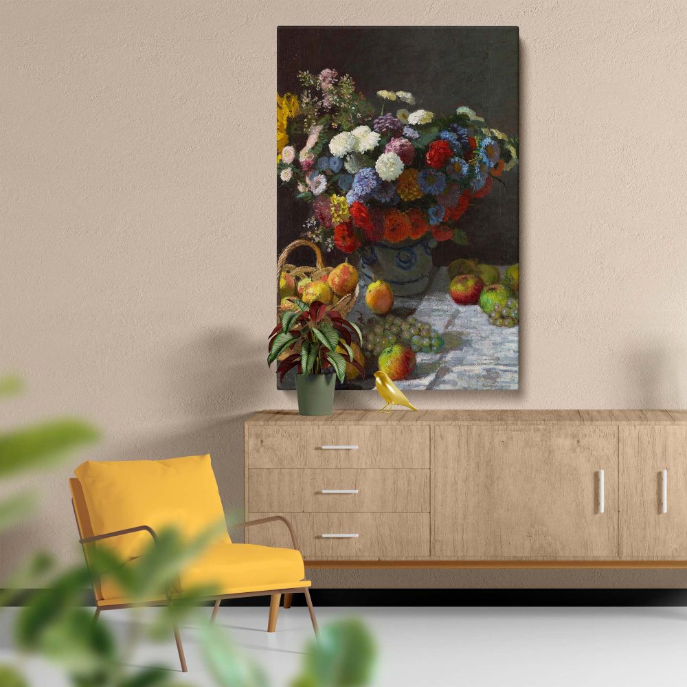 Vibrant flowers and fresh fruits are the focus of Claude Monet's 1869 painting Still Life with Flowers and Fruit, showcasing exquisite details and soft lighting, ideal as a museum-quality canvas for enhancing classic or vintage-inspired interior decor.