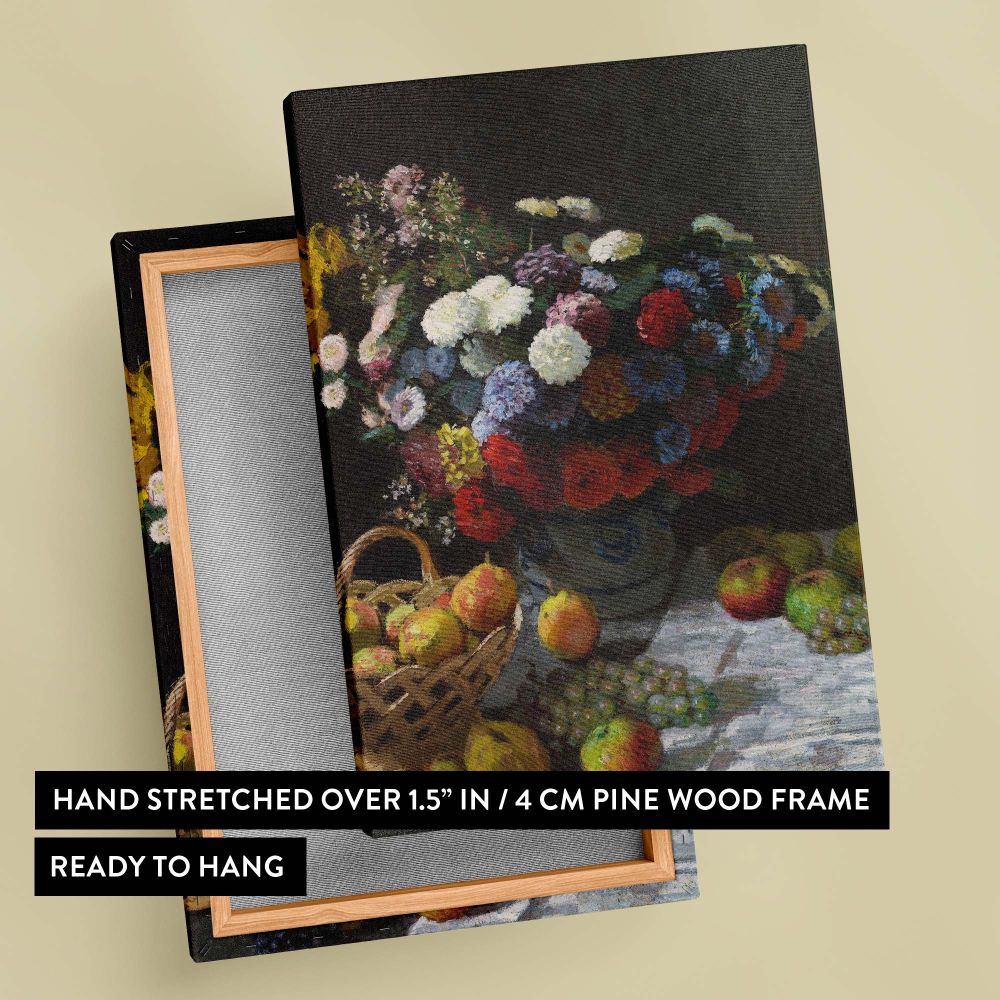 Claude Monet's Still Life with Flowers and Fruit (1869) is a vivid arrangement of colorful blooms and fruits like apples and grapes, elegantly composed and skillfully detailed, making it a perfect choice for a timeless and high-quality wall art canvas.