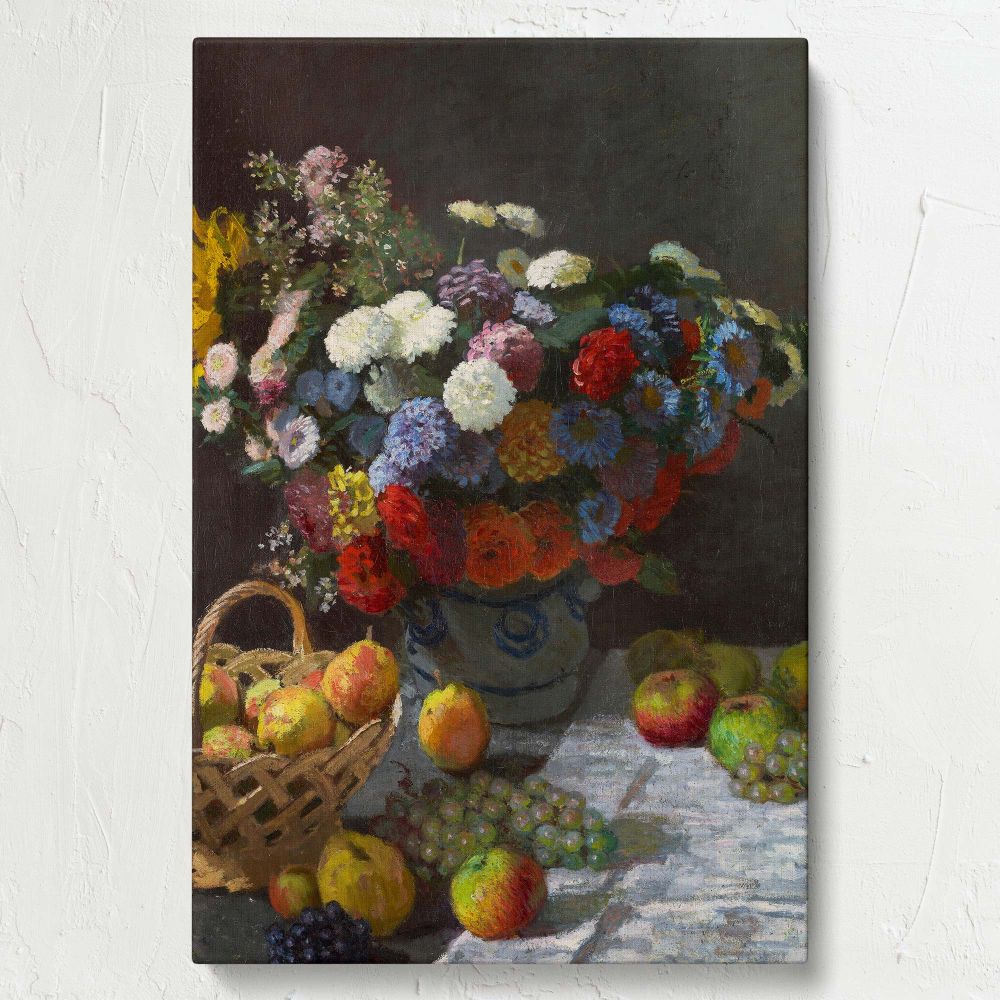 The 1869 painting Still Life with Flowers and Fruit by Claude Monet features bright flowers in a vase alongside fruits such as apples, grapes, and pears on a cloth-covered table, a timeless composition ideal as a premium wall canvas for home or office dec