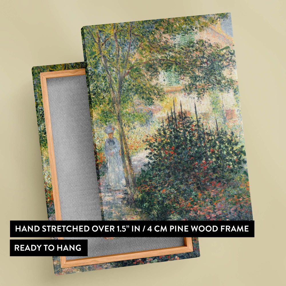 Claude Monet's impressionist painting Camille Monet in the Garden at Argenteuil (1876) features vibrant colors, stunning detail, and soft natural light, a breathtaking wall canvas for any art lover's home or office decor collection.