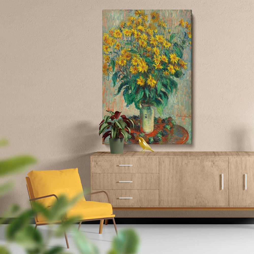 Vibrant and dynamic Claude Monet painting Jerusalem Artichoke Flowers (1880), depicting golden-yellow blossoms with lush green leaves in a pale vase, blending textured brushstrokes and soft pastel tones for a serene impressionist masterpiece.