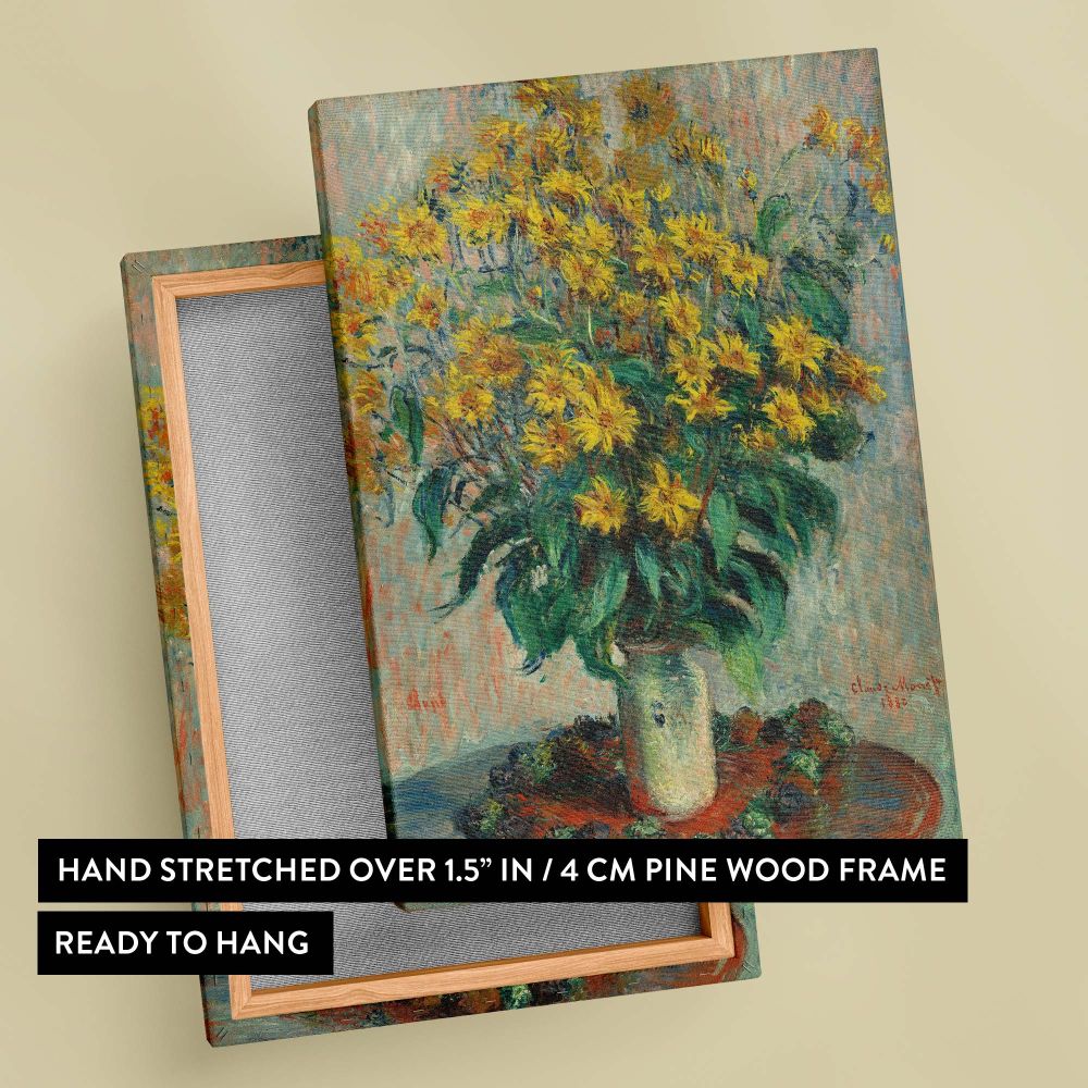 A radiant artwork by Claude Monet, Jerusalem Artichoke Flowers (1880), highlighting golden-yellow flowers in a pale vase, complemented by lush green leaves and set against a pastel background, creating a vibrant impressionist piece.