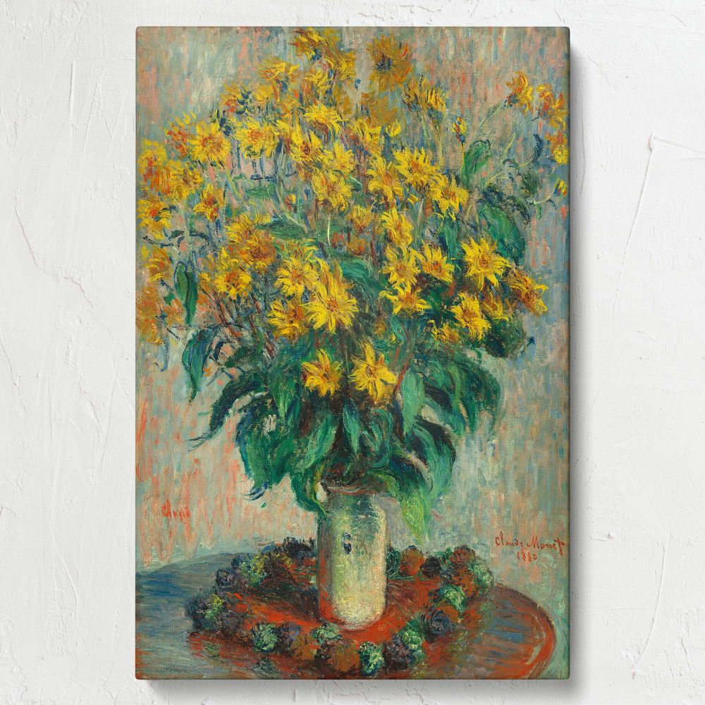 Claude Monet's Jerusalem Artichoke Flowers (1880) painting showcasing impressionist brilliance with bright yellow flowers in a textured vase, accented by lush foliage and a pastel backdrop, perfect for nature-inspired art lovers.