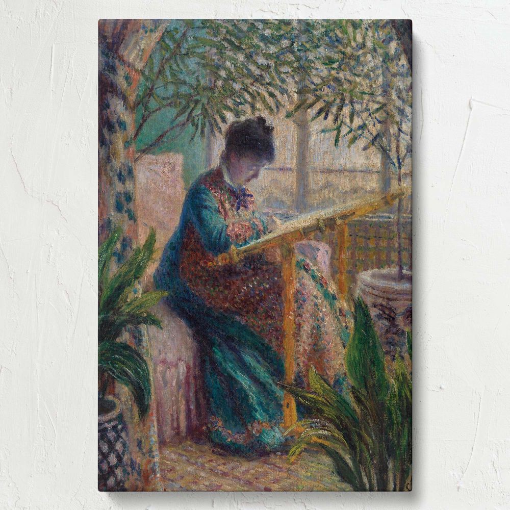 Claude Monet captures Camille embroidering in a sunlit room adorned with vibrant plants in 