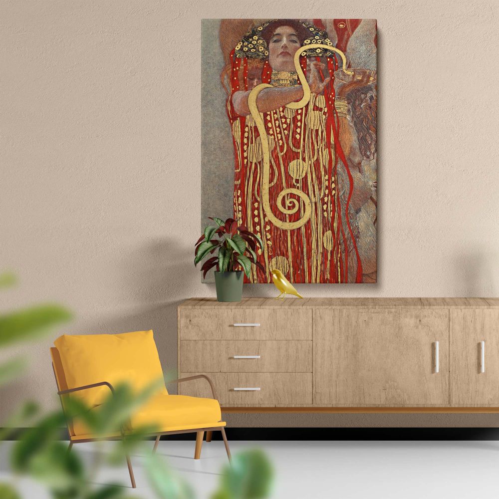 Gustav Klimt's Hygieia painting, a 1907 artwork symbolizing health and vitality, features golden swirls and bold red tones, reproduced on a premium wall canvas that captivates art lovers and adds cultural depth to interior decor.