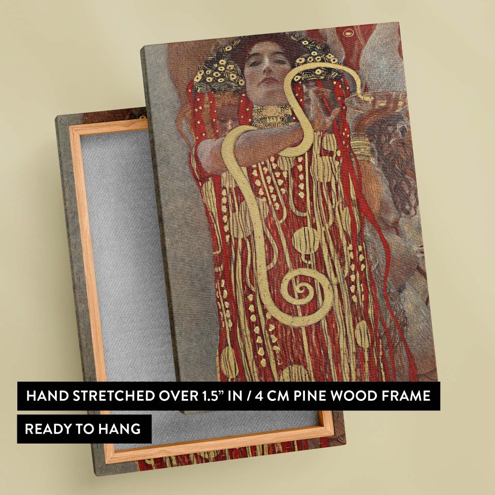 Vibrant canvas print of Hygieia by Gustav Klimt, a 1907 masterpiece depicting the goddess of health in symbolic gold and red tones, offering a captivating focal point for homes and offices that celebrate classical elegance and historical art.