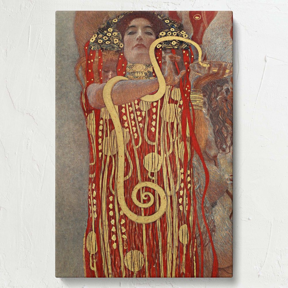 Hygieia by Gustav Klimt, a symbolic depiction of the health goddess created in 1907, adorned with red and gold accents, is brought to life on a stunning canvas print that adds timeless elegance and rich artistic value to modern and classical interiors.