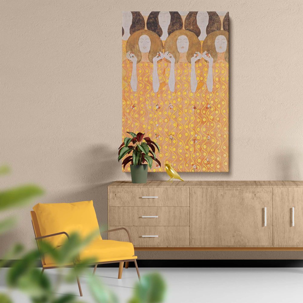Gustav Klimt's Beethoven Frieze wall art showing ornate golden designs, featuring serene female figures holding delicate flowers, inspired by the symbolism of Beethoven's Ninth Symphony, making it a timeless masterpiece for wall d