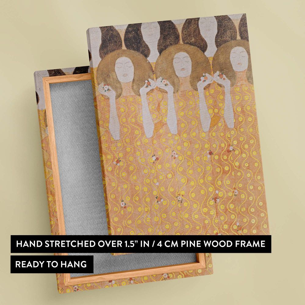 A reproduction of Gustav Klimt's Beethoven Frieze showcasing intricate golden patterns and serene women holding flowers, symbolizing harmony and art, crafted in the Secessionist style and presented as a premium decorative wall canvas piece.