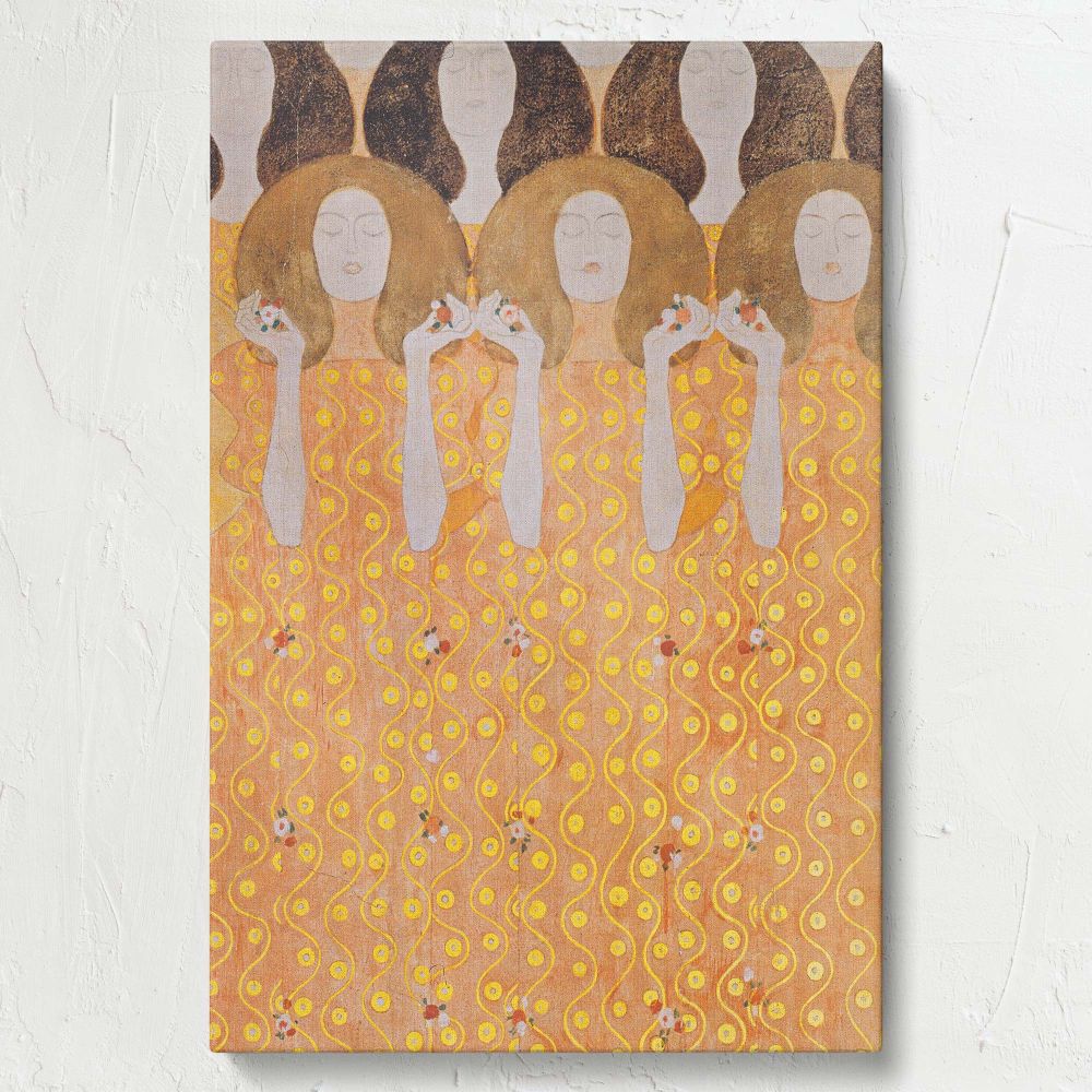 Stunning wall canvas of Gustav Klimt's Beethoven Frieze, a Secession art icon featuring graceful women in golden attire holding flowers, enriched with symbolic meaning inspired by Beethoven's Ninth Symphony, perfect for elegant interior decoration.