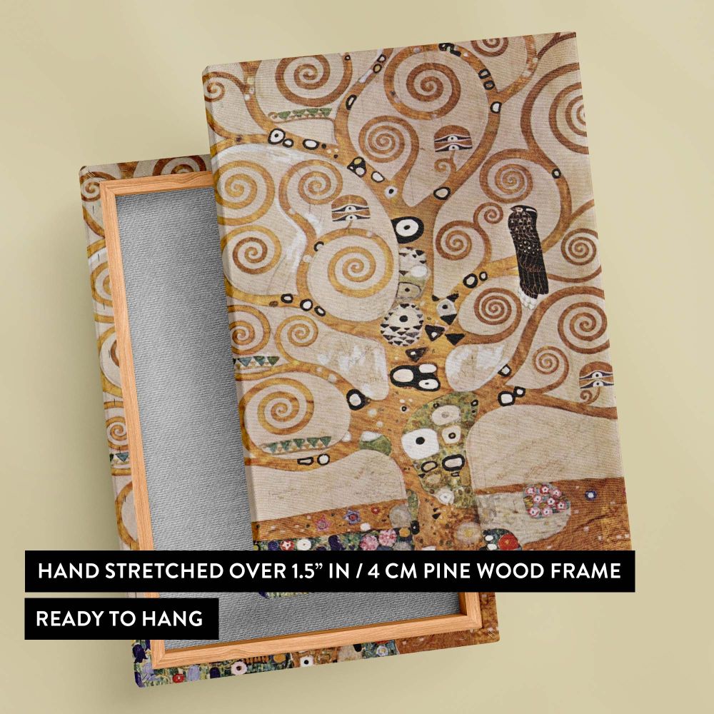Gustav Klimt's tree of life artwork L'Arbre de Vie uses golden spirals and geometric patterns to symbolize life's eternal connections, combining beauty, meaning, and Art Nouveau elegance in a striking decorative wall canvas design.