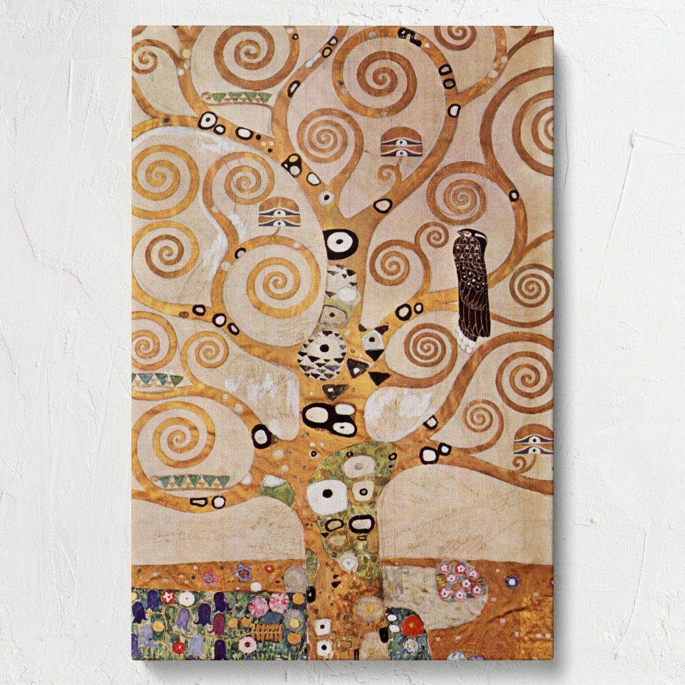 L'Arbre de Vie by Klimt highlights swirling golden branches and intricate details of geometric shapes and floral motifs, blending nature and symbolism into an Art Nouveau masterpiece ideal as an inspiring decorative wall art canvas.