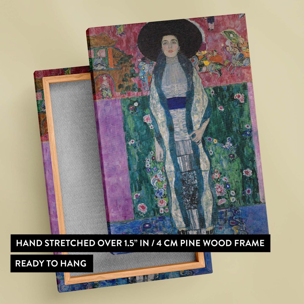 Gustav Klimt's Portrait of Adele Bloch-Bauer (1912), a renowned painting highlighting Art Nouveau motifs with detailed patterns, lush colors, and a refined composition, making it an exquisite addition to luxury wall canvas collections.